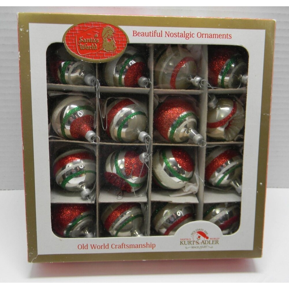 Vintage Kurt Adler Santa's World 16 Round Glass Christmas Ornaments Indent